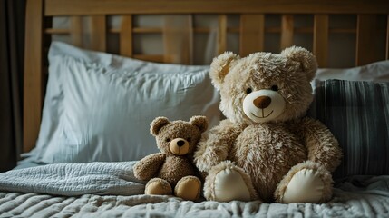 Fluffy brown teddy bear sitting on a bed, isolated on white background