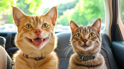 Two Curious Cats in a Car with Green Background