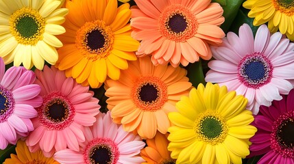 Beautiful, colorful gerbera daisies bloom brightly in a vibrant spring bouquet