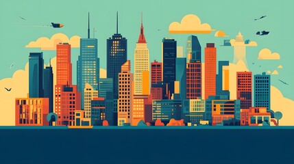 Obraz premium A vibrant flat design illustration of a city skyline, with 2D buildings and objects, avoiding any use of 3D effects, shadows, or highlights