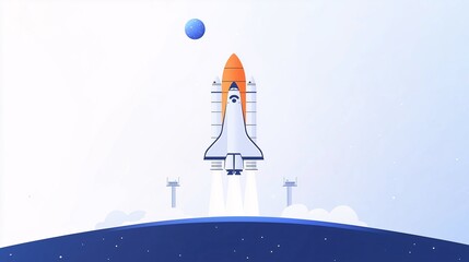 Obraz premium Space shuttle on launch pad with Earth in the background, blue sky, concept of space travel, banner for world space day