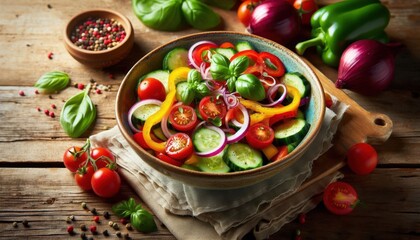 Vibrant summer salad, fresh vegetables, colorful chopped produce, crisp cucumbers, juicy tomatoes, red onions, bell peppers, basil leaves, rustic wooden table, bright natural lighting, appetizing clos