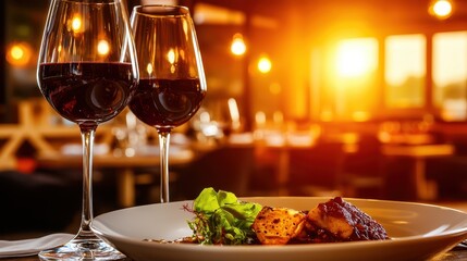 Naklejka premium Romantic Dinner with Red Wine and Sunset View