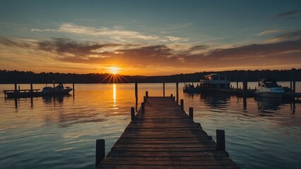 Fototapeta premium Sunset View Over Calm Lake With Dock and Boats at Twilight, Highlighting the Serene Beauty of Nature