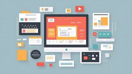 Grid-Based Layouts, A flat design website layout that uses a clean grid structure, ensuring proportional spacing and alignment of all elements, creating a well-organized and visually appealing interfa