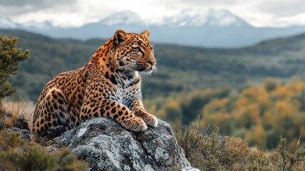 Fototapeta premium Photograph of an Amur Leopard in the Mountains with a Blurred Forest and Distant Mountain Range in the Background – Wildlife Photography Following the Rule of Thirds