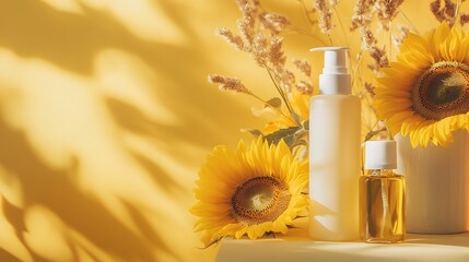 Sunflowers blooming in a glass vase, a natural spa treatment for beauty and wellness