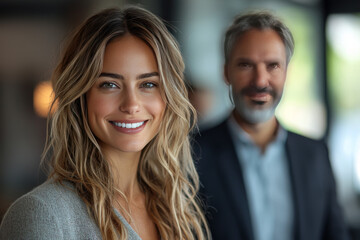 Young woman smiles confidently with a man in the background.