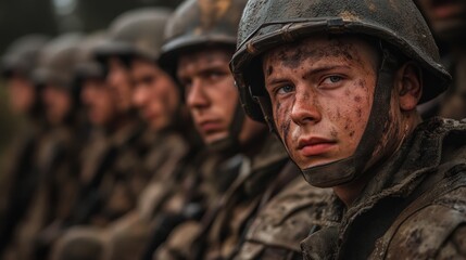 Fototapeta premium Portrait of a military man in the ranks with selective focus