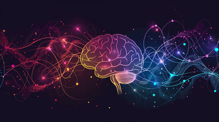 Futuristic digital brain illustration with dynamic colorful particles and waves on a dark background