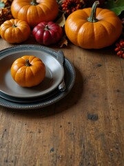 Thanksgiving table with pumpkins and autumn leaves.