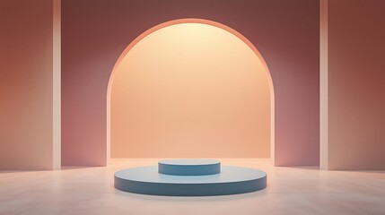 Simple empty podium in the center of an arched room with pastel-colored walls, light pink and orange blue background. ideal for product display or presentation purposes.