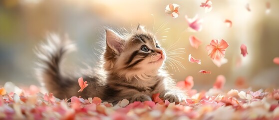 Fototapeta premium A playful kitten surrounded by colorful flower petals, embodying a whimsical and serene atmosphere in a sunlit setting.