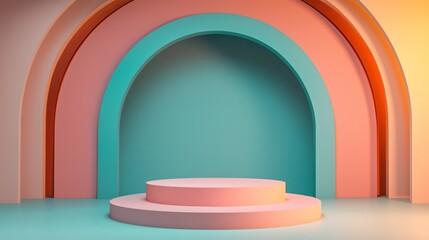 Simple empty podium in the center of an arched room with pastel-colored walls, light pink and orange blue background. ideal for product display or presentation purposes.