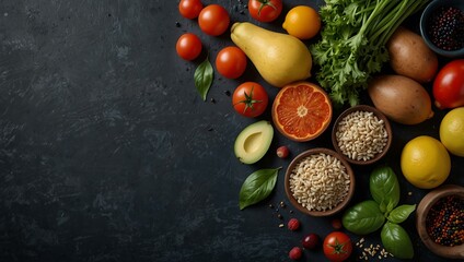 Top view of fresh organic ingredients on a dark blue slate table.