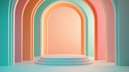 Simple empty podium in the center of an arched room with pastel-colored walls, light pink and orange blue background. ideal for product display or presentation purposes.