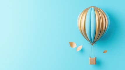 Gold and Blue Hot Air Balloon with Basket on Blue Background