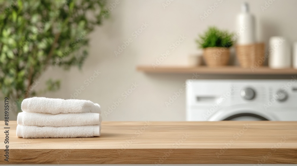 Wall mural a fresh stack of white towels on a wooden table in a modern laundry room, creating a tidy and serene