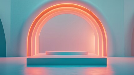 Simple empty podium in the center of an arched room with pastel-colored walls, light pink and orange blue background. ideal for product display or presentation purposes.