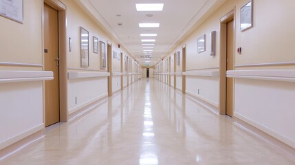 Empty Hospital Corridor with Doors and Bright Lights