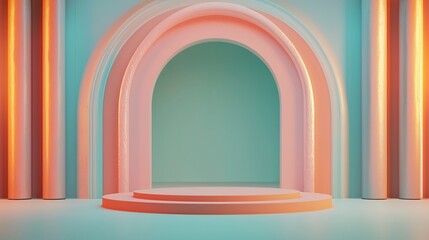 Simple empty podium in the center of an arched room with pastel-colored walls, light pink and orange blue background. ideal for product display or presentation purposes.