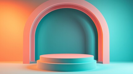 Simple empty podium in the center of an arched room with pastel-colored walls, light pink and orange blue background. ideal for product display or presentation purposes.