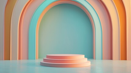 Simple empty podium in the center of an arched room with pastel-colored walls, light pink and orange blue background. ideal for product display or presentation purposes.