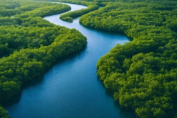 Aerial view of a winding river surrounded by lush green mangroves, showcasing vibrant nature and aquatic ecosystems.