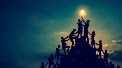 Fototapeta premium Teamwork concept with people forming a human pyramid to reach a glowing lightbulb, symbolizing innovation and collaboration