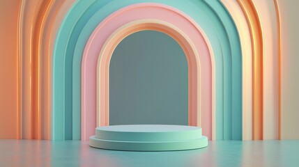 Simple empty podium in the center of an arched room with pastel-colored walls, light pink and orange blue background. ideal for product display or presentation purposes.