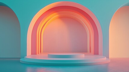 Simple empty podium in the center of an arched room with pastel-colored walls, light pink and orange blue background. ideal for product display or presentation purposes.