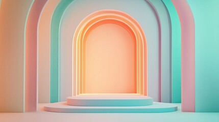 Simple empty podium in the center of an arched room with pastel-colored walls, light pink and orange blue background. ideal for product display or presentation purposes.