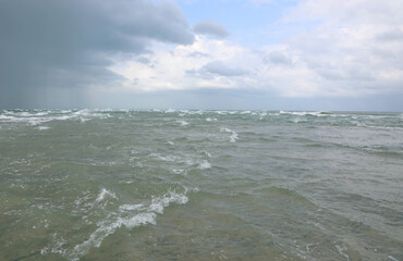 North Sea waves meeting Baltic Sea collide but do not mix due to different salinity of the water in the Jutland Peninsula in Denmark Europe