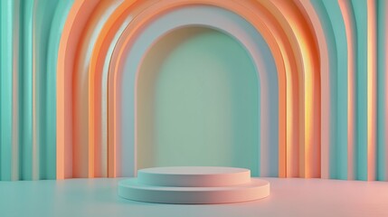 Simple empty podium in the center of an arched room with pastel-colored walls, light pink and orange blue background. ideal for product display or presentation purposes.
