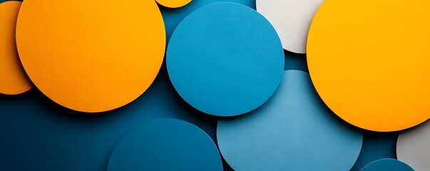 A vibrant composition of circular shapes in shades of blue, yellow, and white, creating an abstract, playful visual appeal.