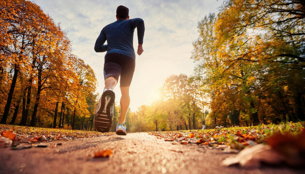 A runner man running alone toward the sun in the park with tree on both side of the road.