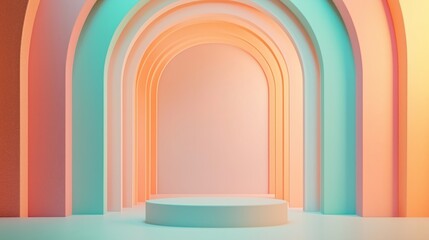 Simple empty podium in the center of an arched room with pastel-colored walls, light pink and orange blue background. ideal for product display or presentation purposes.