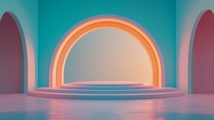 Simple empty podium in the center of an arched room with pastel-colored walls, light pink and orange blue background. ideal for product display or presentation purposes.