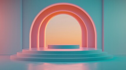 Simple empty podium in the center of an arched room with pastel-colored walls, light pink and orange blue background. ideal for product display or presentation purposes.