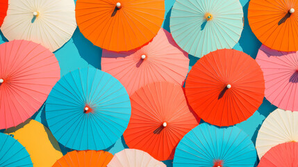 Naklejka premium a lot of colorful bright umbrellas, in Japanese style