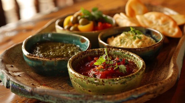 Platters and dipping sauce bowl details