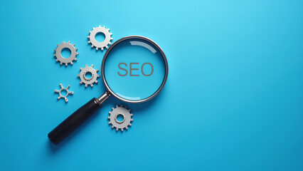 Magnifying glass and gears on blue background representing seo audit and analysis