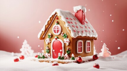 A cute Christmas gingerbread house, beautifully decorated with sweet icing. Christmas baking concept.