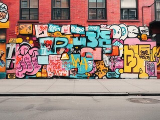 Vibrant urban graffiti art on a brick wall, showcasing colorful designs and creative expressions in a city setting.