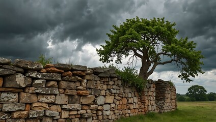 Tree growing through a crumbling wall with a cloudy sky view.