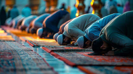 A close-up of individuals in prostration during prayer can highlight the humility and devotion central to Ramadan