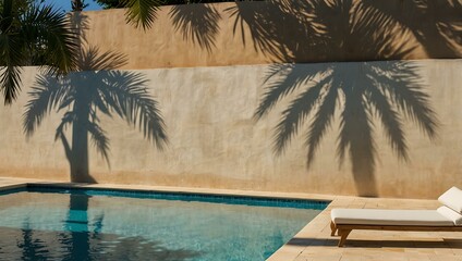 Tropical summer background with plaster wall, pool, and palm shadow.
