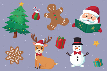 Set of traditional winter symbols, elements and decorations: christmas tree, Santa, snowman, reindeer and others. Christmas and New Year elements. Design for prints and cards. Vector illustration