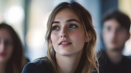 Close-up portrait of a young woman with long blonde hair and blue eyes, looking upwards.