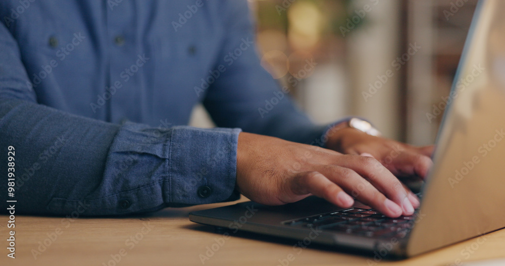 Poster Laptop, office and hands of business person on computer for online project, proposal and research. Corporate, professional and keyboard for internet, website and planning at desk for career.